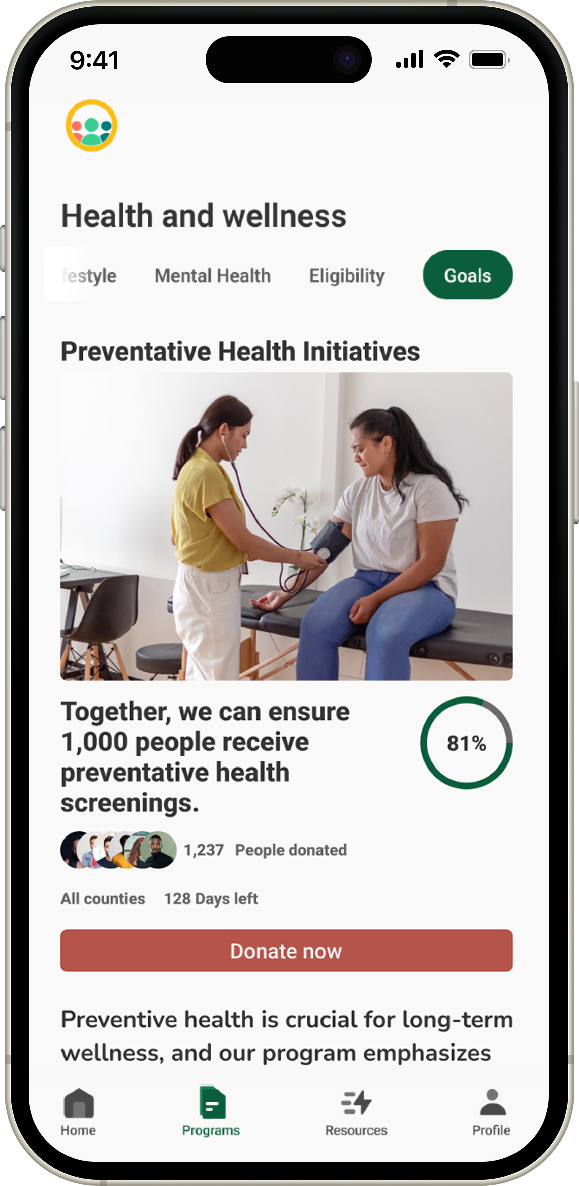 Preventative Initiatives campaign screen showing a preventive health initiative with progress and donation call to action.